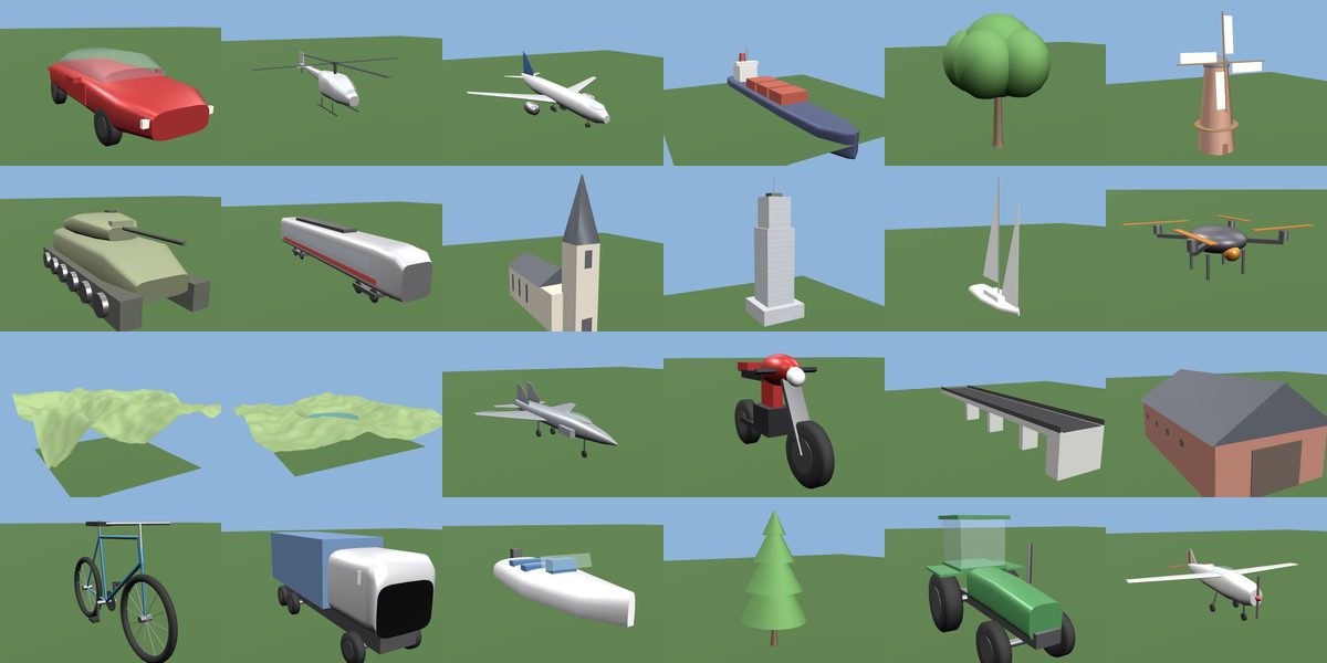 A sheet of models built by Godotwright: cars, aircraft, boats, buildings, trees and terrain